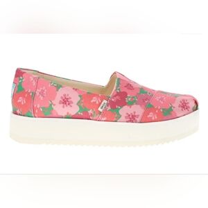 TOMS Alpargata Pink and Green Floral Platform Slip On Flats NWOT
